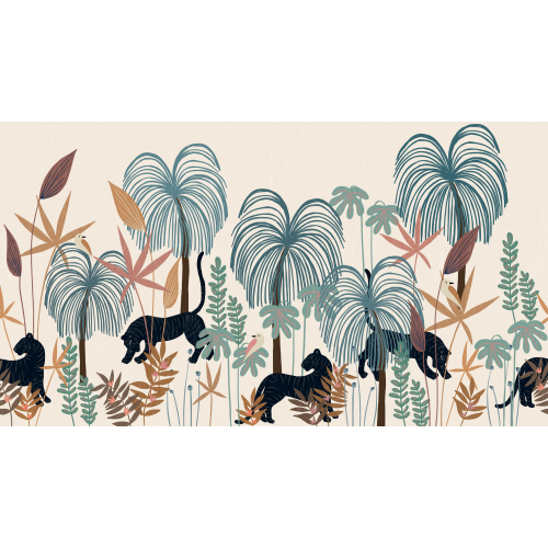 Panoramic wallpaper tigers in the colorfoul tropical jungle