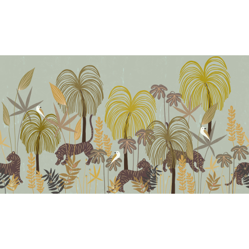 Papel pintado panoramico selva tropical con tigres color - Colección Zoé Jiquel- Acte-Deco