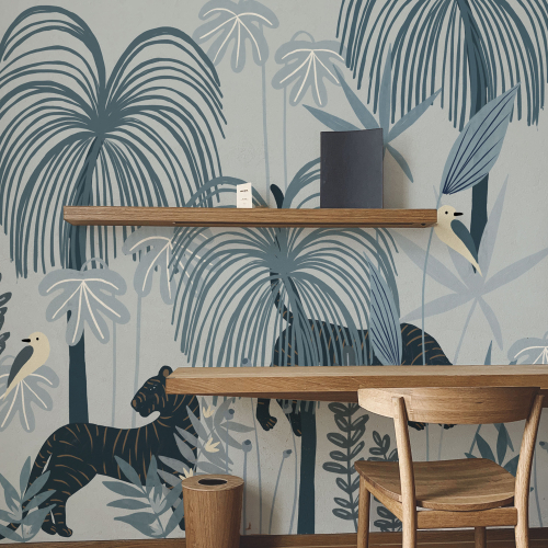 Papel pintado panoramico selva tropical con tigres - Colección Zoé Jiquel- Acte-Deco