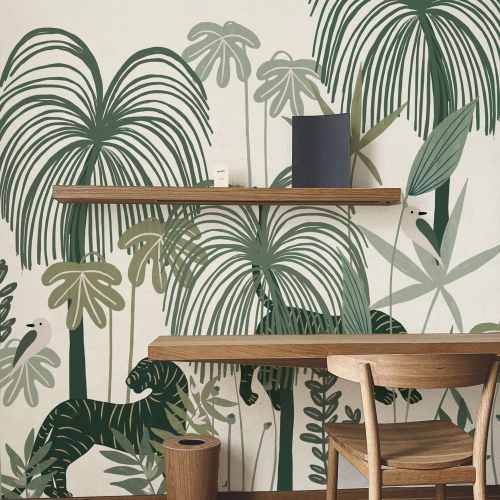 Papel pintado panoramico selva tropical con tigres - Colección Zoé Jiquel- Acte-Deco