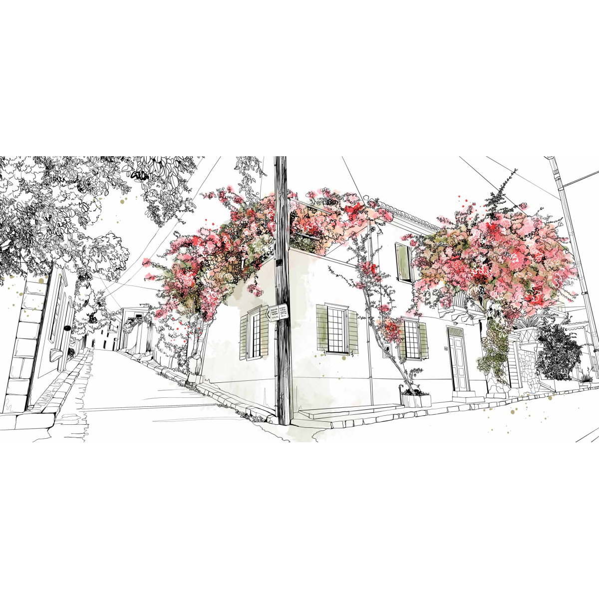 Papel pintado panoramico vista de un pueblo florido - Colección Silowane - Acte-Deco