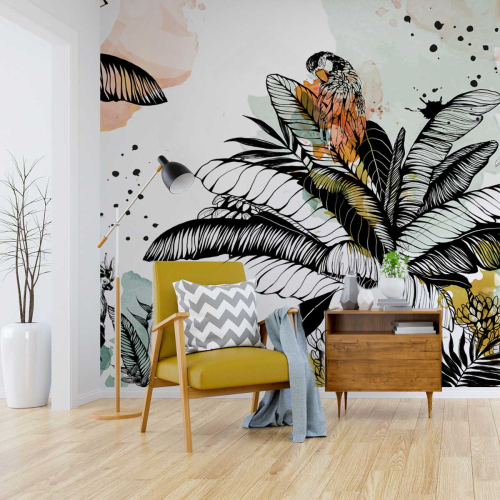 Papel pintado panoramico selva tropical con un loro - Colección Silowane - Acte-Deco