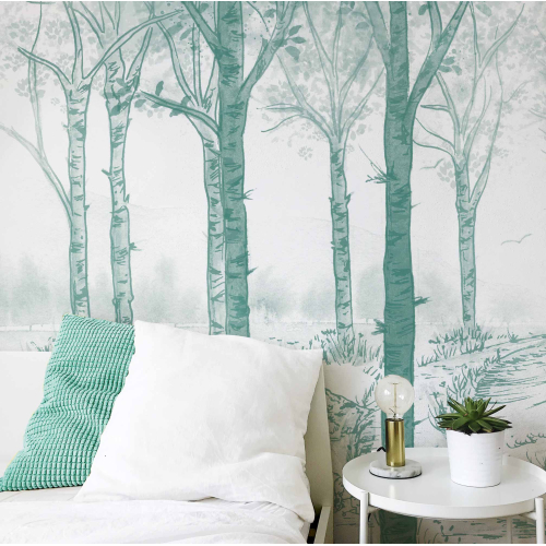 Papel pintado panoramico de bosque de abedules