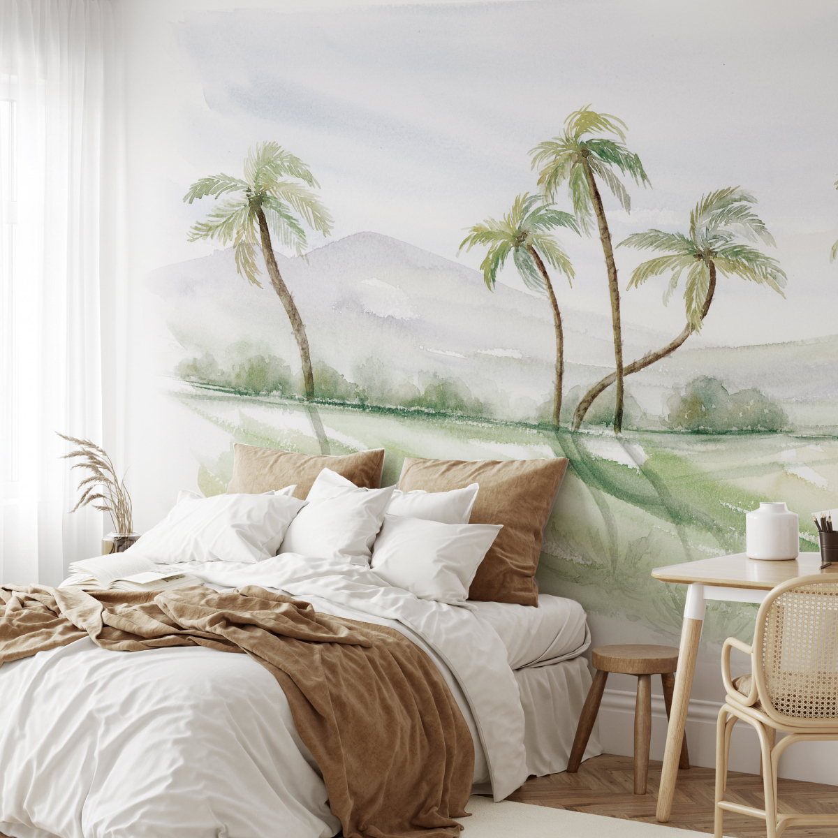 Papel pintado panoramico palmeras en acuarela - Colección Noëmie Krey - Acte-Deco