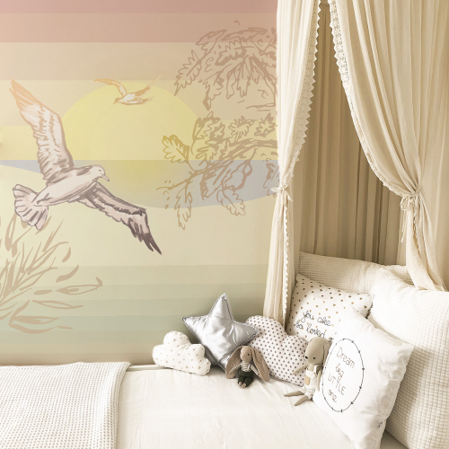 Papier peint panoramique L'île aux oiseaux beige rosé