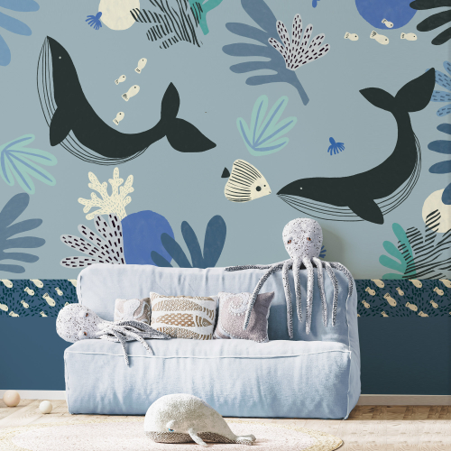Papel pintado panorámico Ballenas y fondos marinos - Colección Zoé Jiquel - Acte-Deco