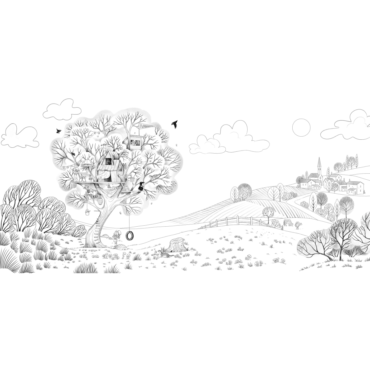 Carta da parati panoramica Casetta sull'albero - Collezione Emmanuelle Colin - Acte-Deco