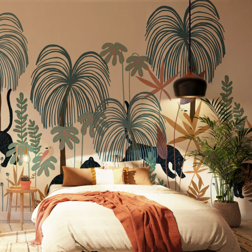 Papel pintado panoramico selva tropical con tigres color - Colección Zoé Jiquel- Acte-Deco