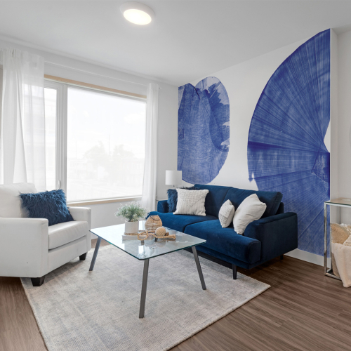 Panoramic wallpaper with blue ink whirlpool