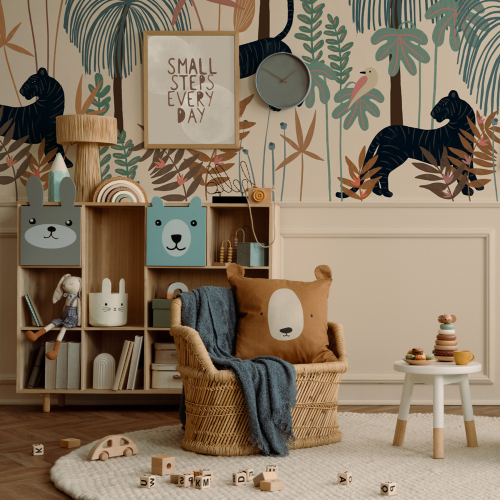 Panoramic wallpaper tigers in the colorful tropical jungle - Zoé Jiquel Collection - Acte-Deco