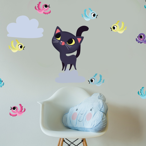 Cat and birds wall stickers