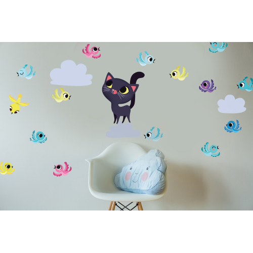 Cat and birds wall stickers