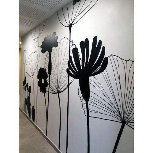 Affresco grafico a parete con fiori - Monocromo