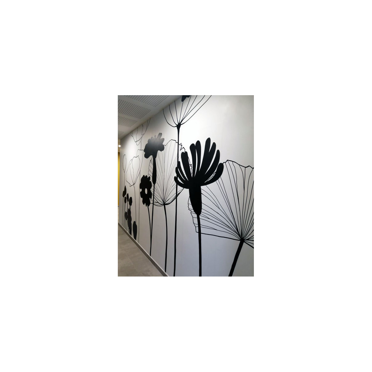 Affresco grafico a parete con fiori - Monocromo