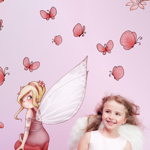 Sticker mural Fée assise et papillons pour enfant- Acte Deco