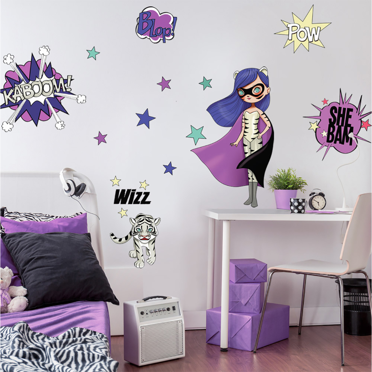 Super Heroes Purple and Tiger vinilo de pared para niños - Acte-Deco