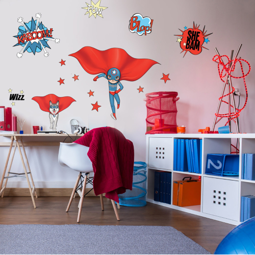 Superhero wall sticker Blue and Dog for kids- Acte deco