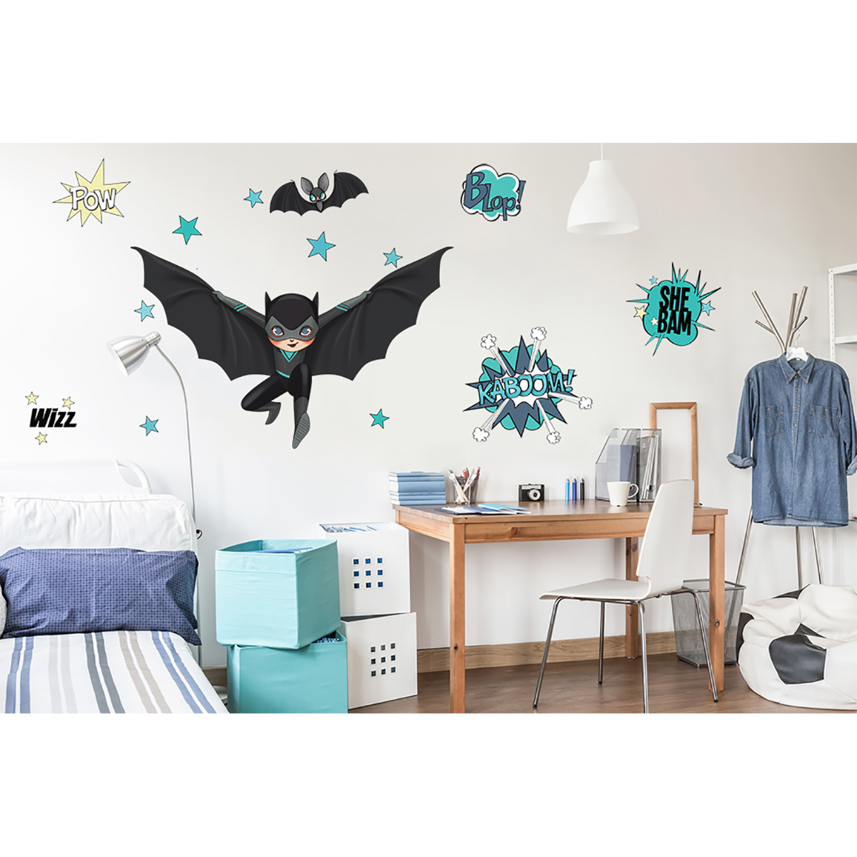 Pegatinas dormitorio niño superhéroe - Negro y Murciélago - Acte Deco
