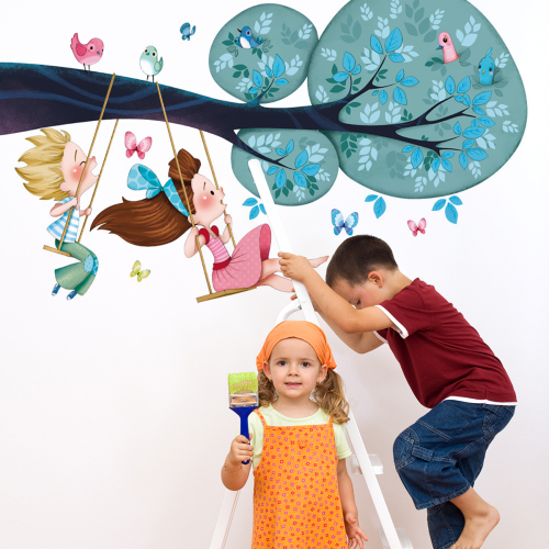 Adhesivo mural infantil, columpio niño y niña