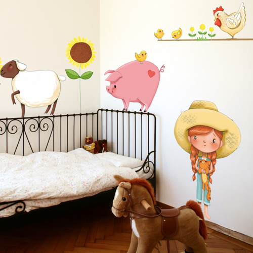 Sticker mural Petite fille à la ferme pour enfant